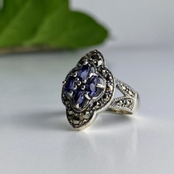 Vintage 925 Sterling Silver Amethyst & Marcasites Ring Size 5.5