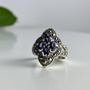 Vintage 925 Sterling Silver Amethyst & Marcasites Ring Size 5.5