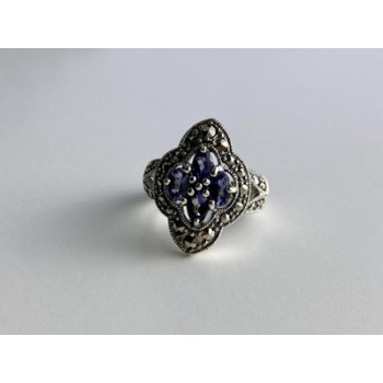 Vintage 925 Sterling Silver Amethyst & Marcasites Ring Size 6
