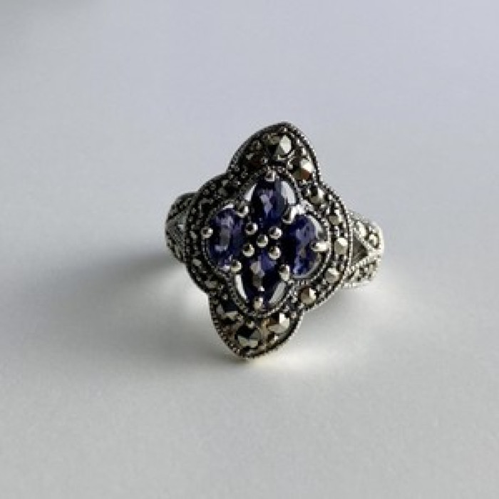 Vintage 925 Sterling Silver Amethyst & Marcasites Ring Size 5.5