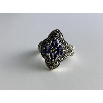 Vintage 925 Sterling Silver Amethyst & Marcasites Ring Size 6