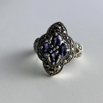 Vintage 925 Sterling Silver Amethyst & Marcasites Ring Size 5.5
