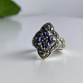 Vintage 925 Sterling Silver Amethyst & Marcasites Ring Size 5.5