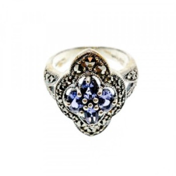 Vintage 925 Sterling Silver Amethyst & Marcasites Ring Size 5.5