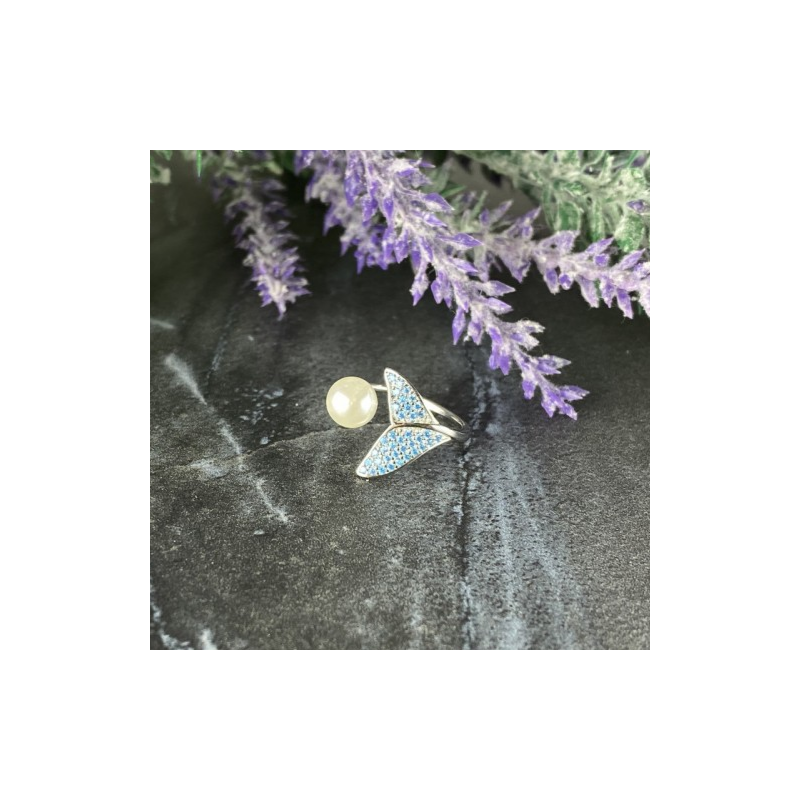 925 Sterling Silver Pearl & Aquamarines Ring Size 6.5 (adjustable)