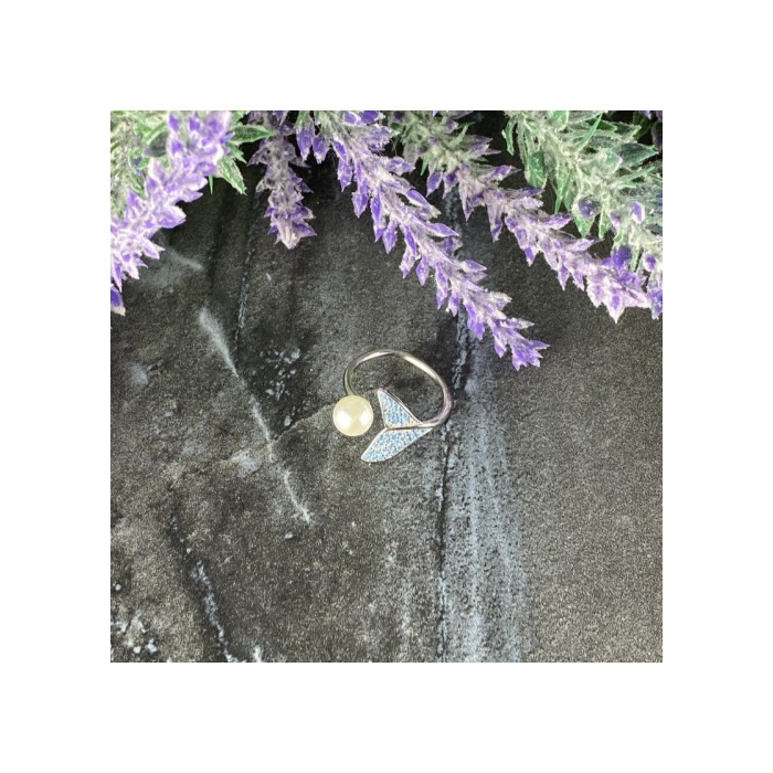 925 Sterling Silver Pearl & Aquamarines Ring Size 6.5 (adjustable)