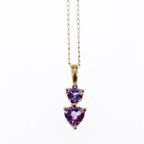 10K Yellow Gold Amethyst & Diamond Hearts Chain With Pendant