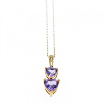 10K Yellow Gold Amethyst & Diamond Hearts Chain With Pendant