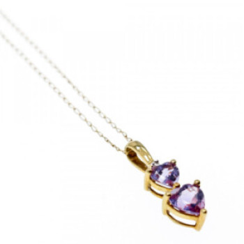 10K Yellow Gold Amethyst & Diamond Hearts Chain With Pendant
