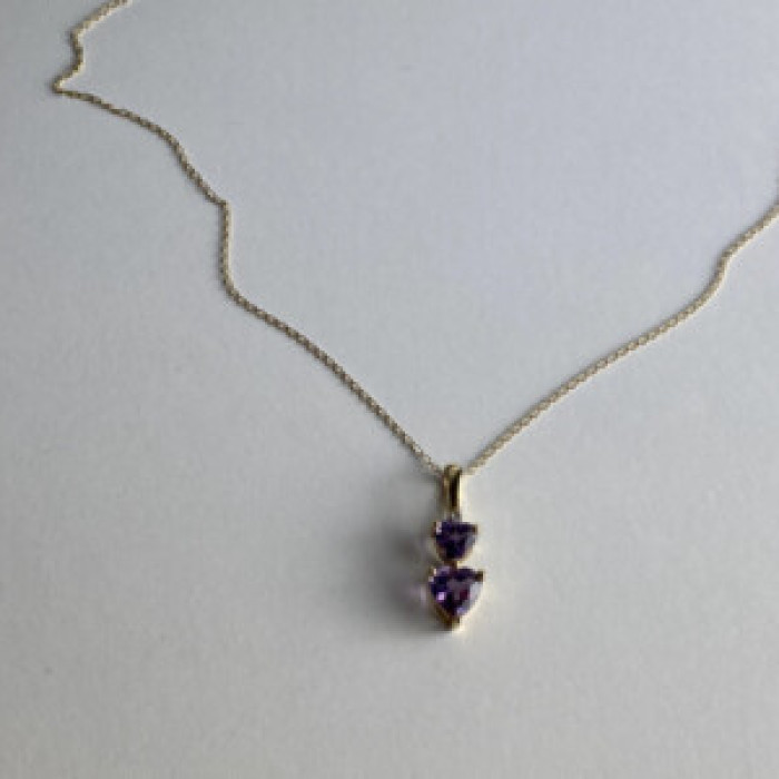 10K Yellow Gold Amethyst & Diamond Hearts Chain With Pendant