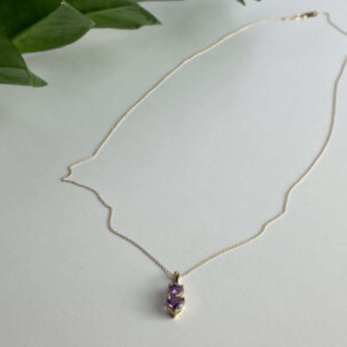 10K Yellow Gold Amethyst & Diamond Hearts Chain With Pendant