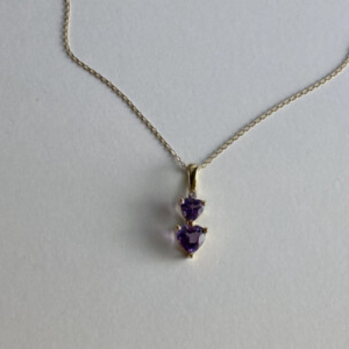 10K Yellow Gold Amethyst & Diamond Hearts Chain With Pendant