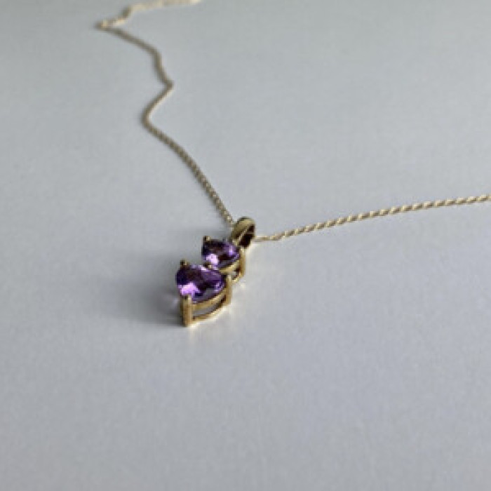 10K Yellow Gold Amethyst & Diamond Hearts Chain With Pendant