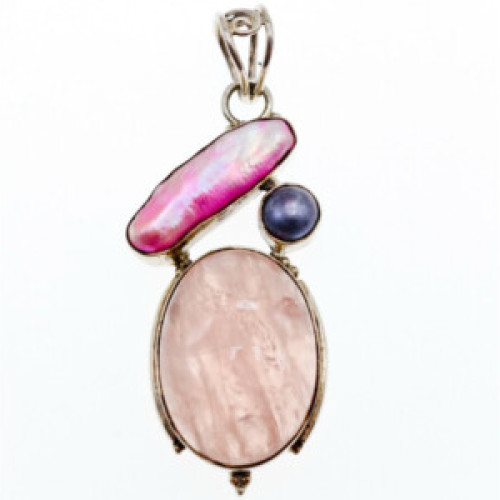 925 Sterling Silver Morganite, Haliotis & Pearl Pendant