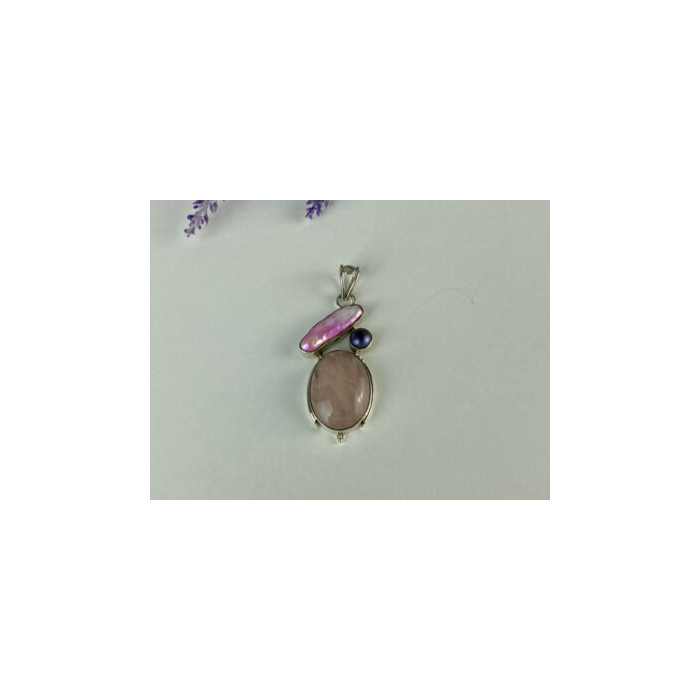 925 STERLING SILVER MORGANITE, HALIOTIS & PEARL PENDANT