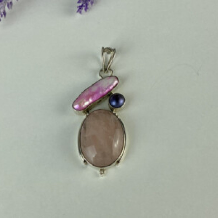 925 Sterling Silver Morganite, Haliotis & Pearl Pendant