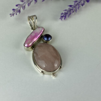 925 Sterling Silver Morganite, Haliotis & Pearl Pendant