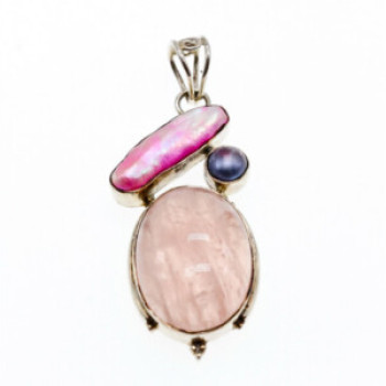 925 Sterling Silver Morganite, Haliotis & Pearl Pendant