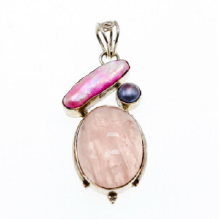 925 Sterling Silver Morganite, Haliotis & Pearl Pendant