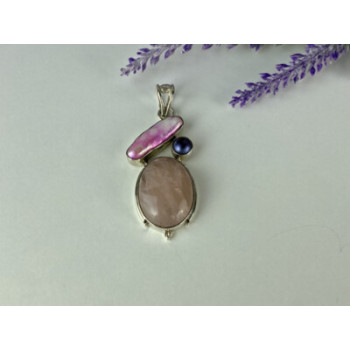 925 STERLING SILVER MORGANITE, HALIOTIS & PEARL PENDANT
