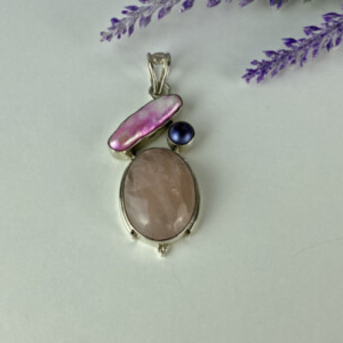 925 Sterling Silver Morganite, Haliotis & Pearl Pendant