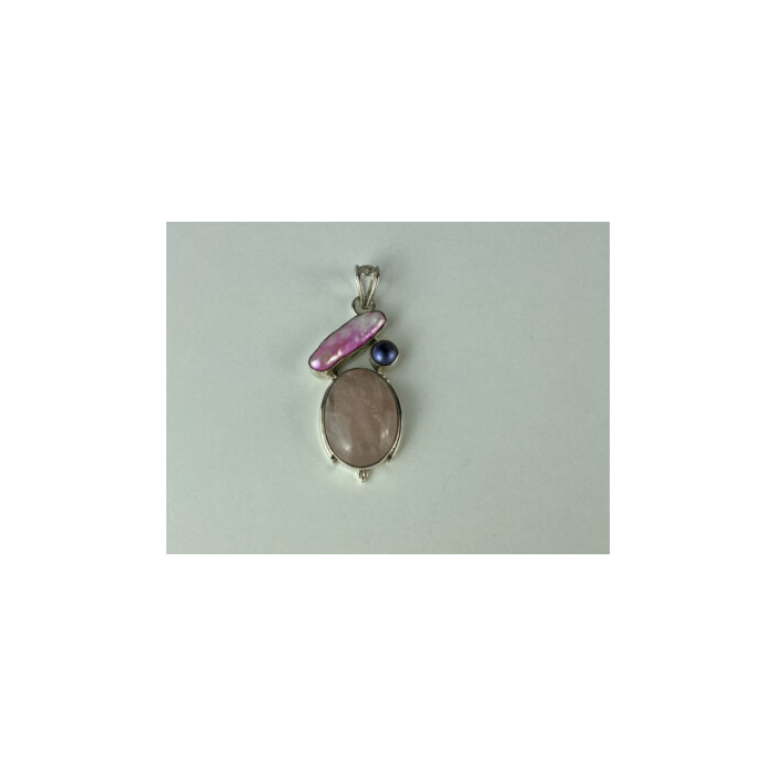 925 STERLING SILVER MORGANITE, HALIOTIS & PEARL PENDANT