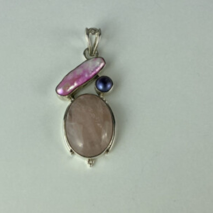 925 Sterling Silver Morganite, Haliotis & Pearl Pendant