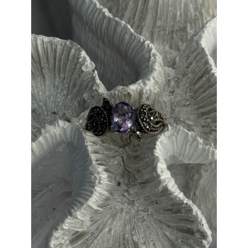 925 Sterling Silver Amethyst & Marcasite Ring Size 7