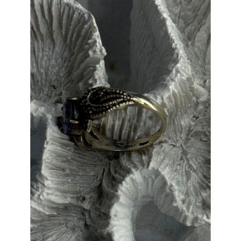 925 Sterling Silver Amethyst & Marcasite Ring Size 7