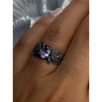 925 Sterling Silver Amethyst & Marcasite Ring Size 7