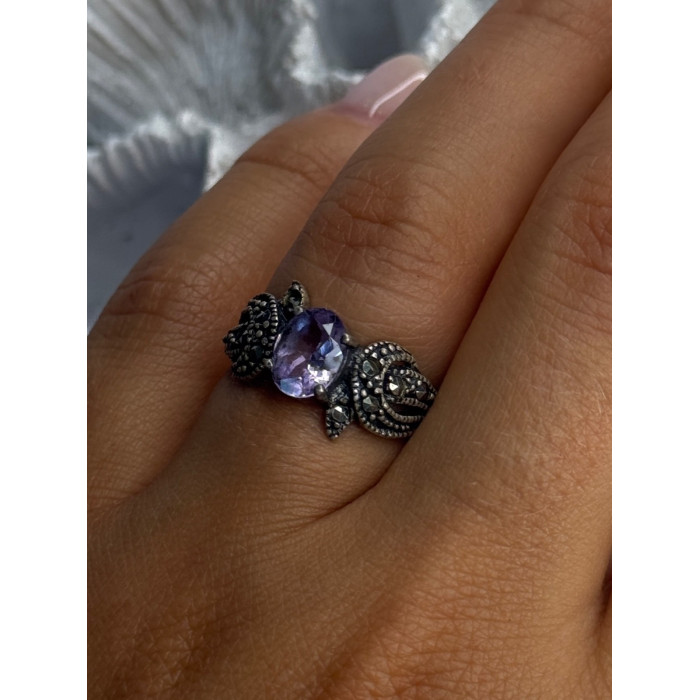 925 Sterling Silver Amethyst & Marcasite Ring Size 7