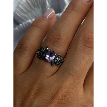 925 Sterling Silver Amethyst & Marcasite Ring Size 7