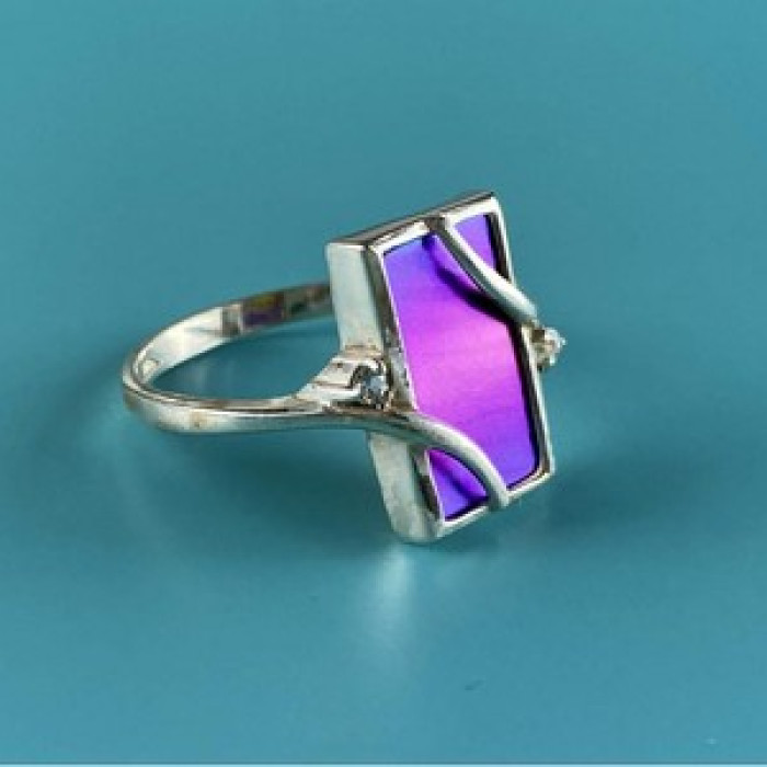 925 Sterling Silver Anodized Titanium & Quartz Ring Size 10.25