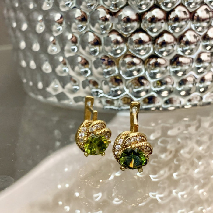 925 Sterling Silver Gold Plated Emerald & CZ Earrings