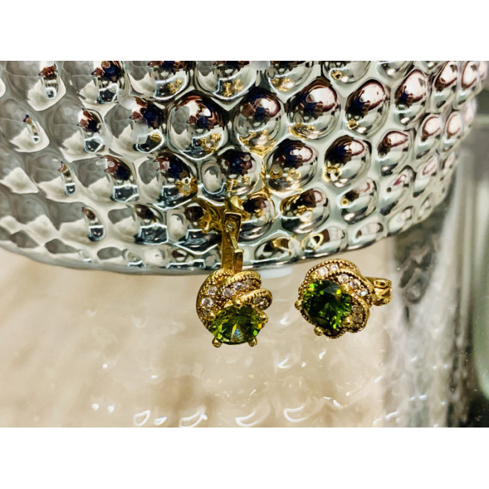 925 Sterling Silver Gold Plated Emerald & CZ Earrings