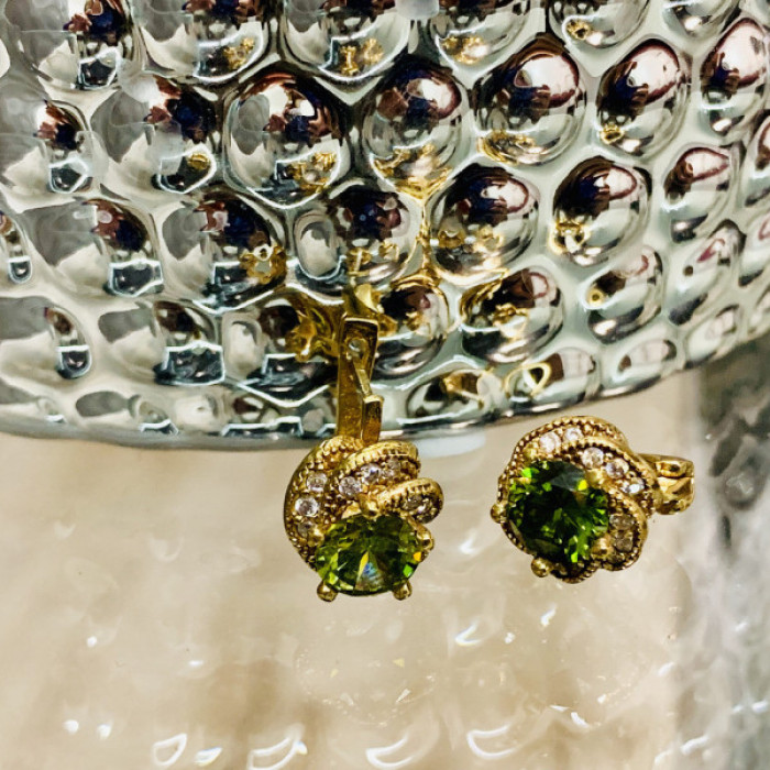925 Sterling Silver Gold Plated Emerald & CZ Earrings