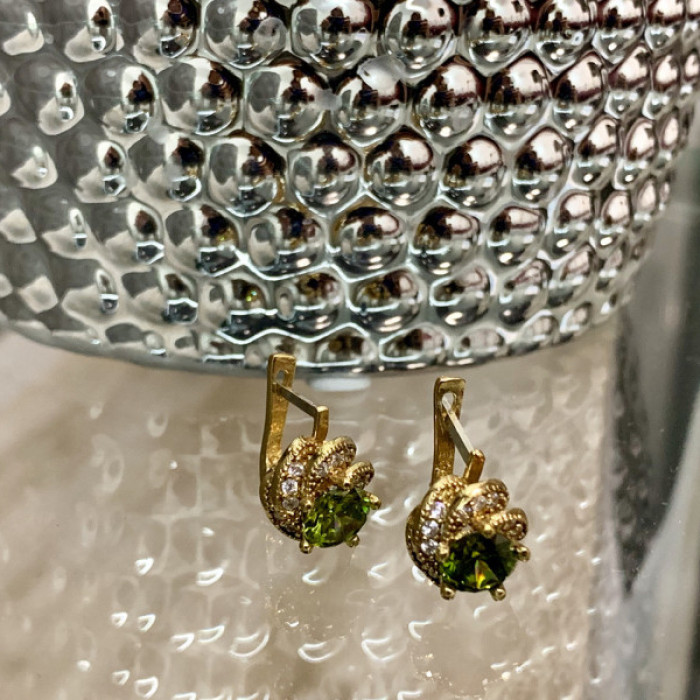 925 Sterling Silver Gold Plated Emerald & CZ Earrings