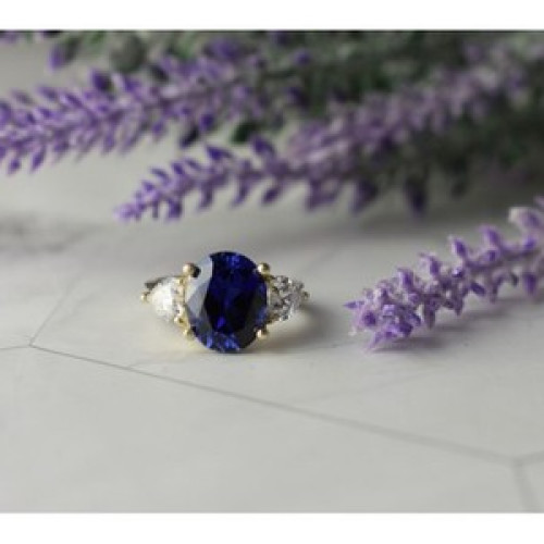 925 Sterling Silver Sapphire & CZ Ring Size 5.5