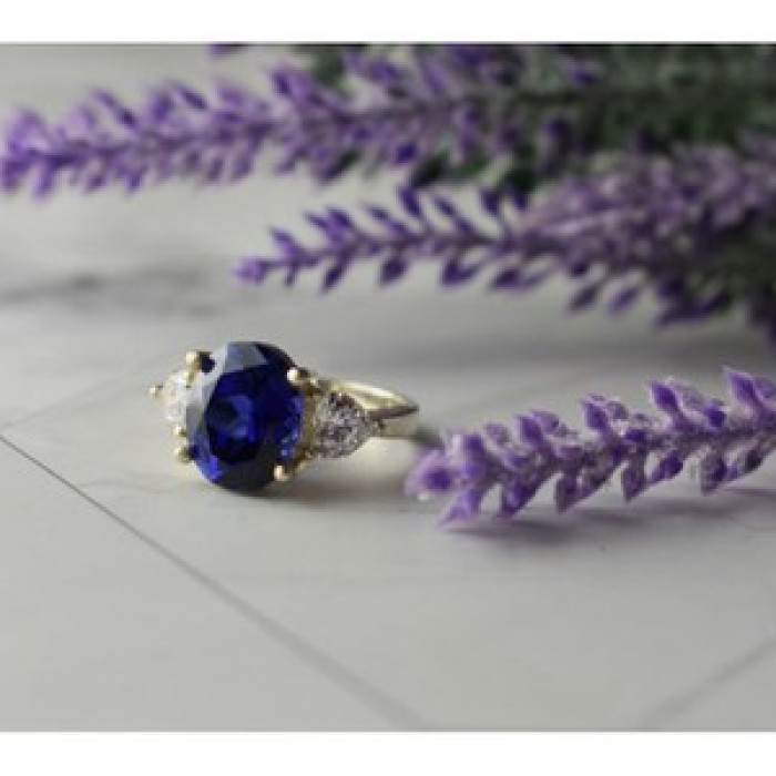 925 Sterling Silver Sapphire & CZ Ring Size 5.5