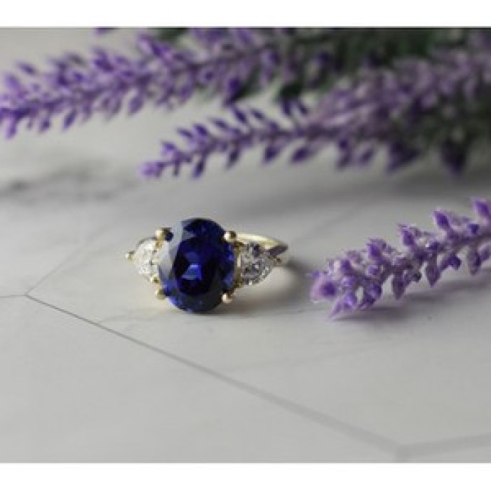 925 Sterling Silver Sapphire & CZ Ring Size 5.5