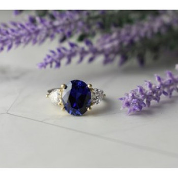 925 Sterling Silver Sapphire & CZ Ring Size 5.5