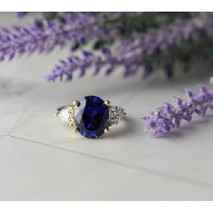 925 Sterling Silver Sapphire & CZ Ring Size 5.5