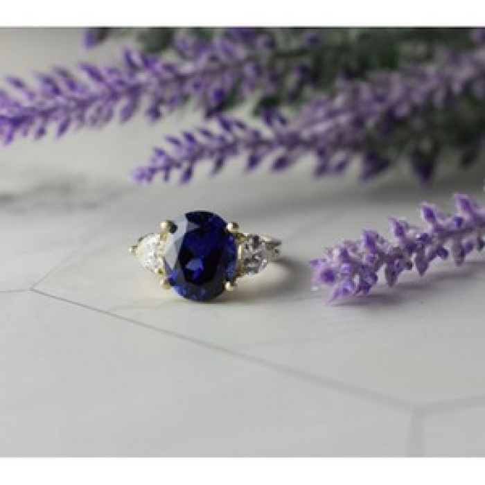925 Sterling Silver Sapphire & CZ Ring Size 5.5
