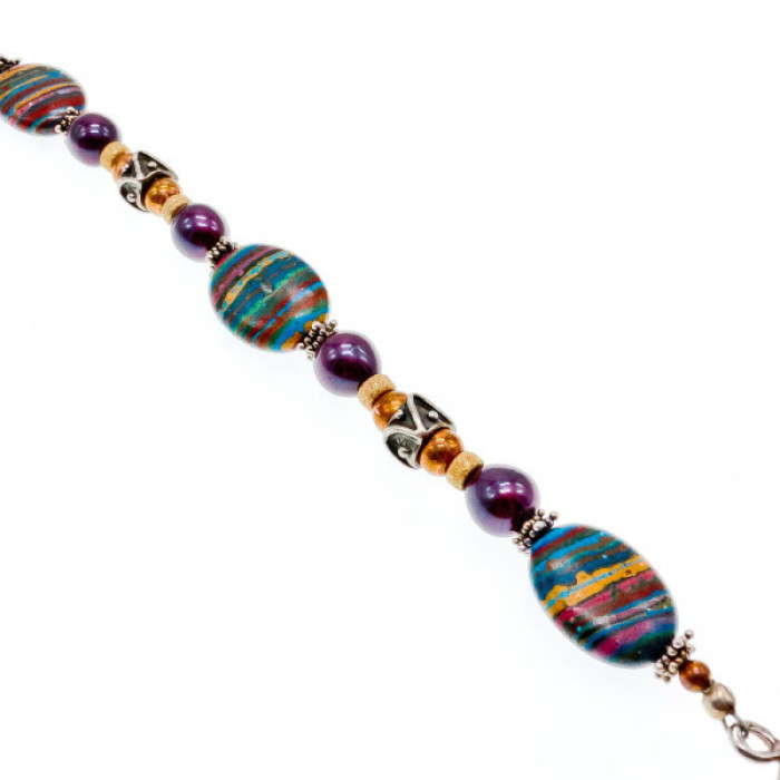 925 Sterling Silver Multicolor Jasper Bracelet Size 7.5 IN