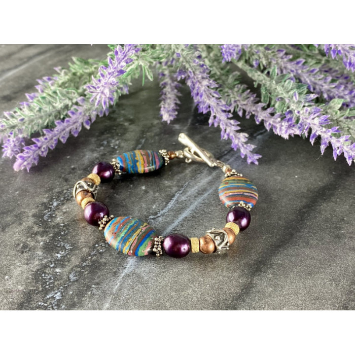 925 STERLING SILVER MULTICOLOR  JASPER BRACELET SIZE 7.5 IN