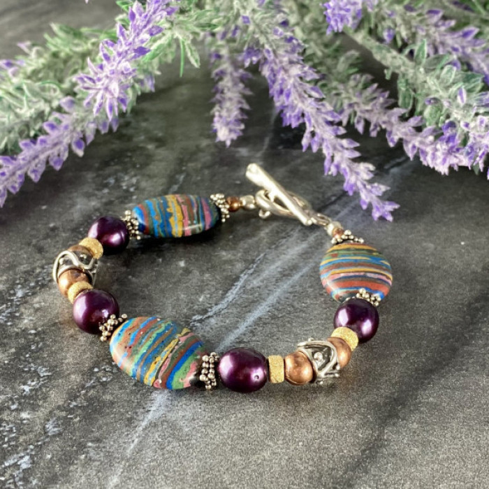 925 Sterling Silver Multicolor Jasper Bracelet Size 7.5 IN