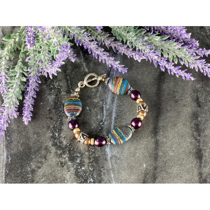 925 STERLING SILVER MULTICOLOR  JASPER BRACELET SIZE 7.5 IN