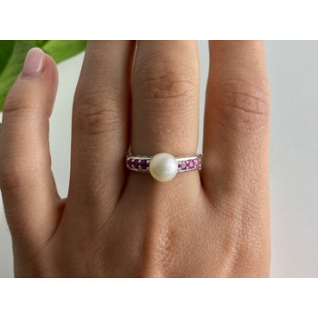 925 Sterling Silver Pearl & Pink Spinel Ring Size 8