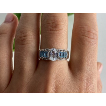 925 Sterling Silver Aquamarines Ring Size 8