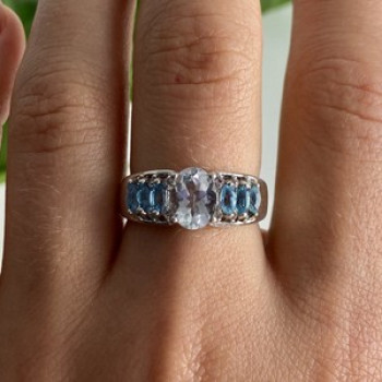 925 Sterling Silver Aquamarines Ring Size 8